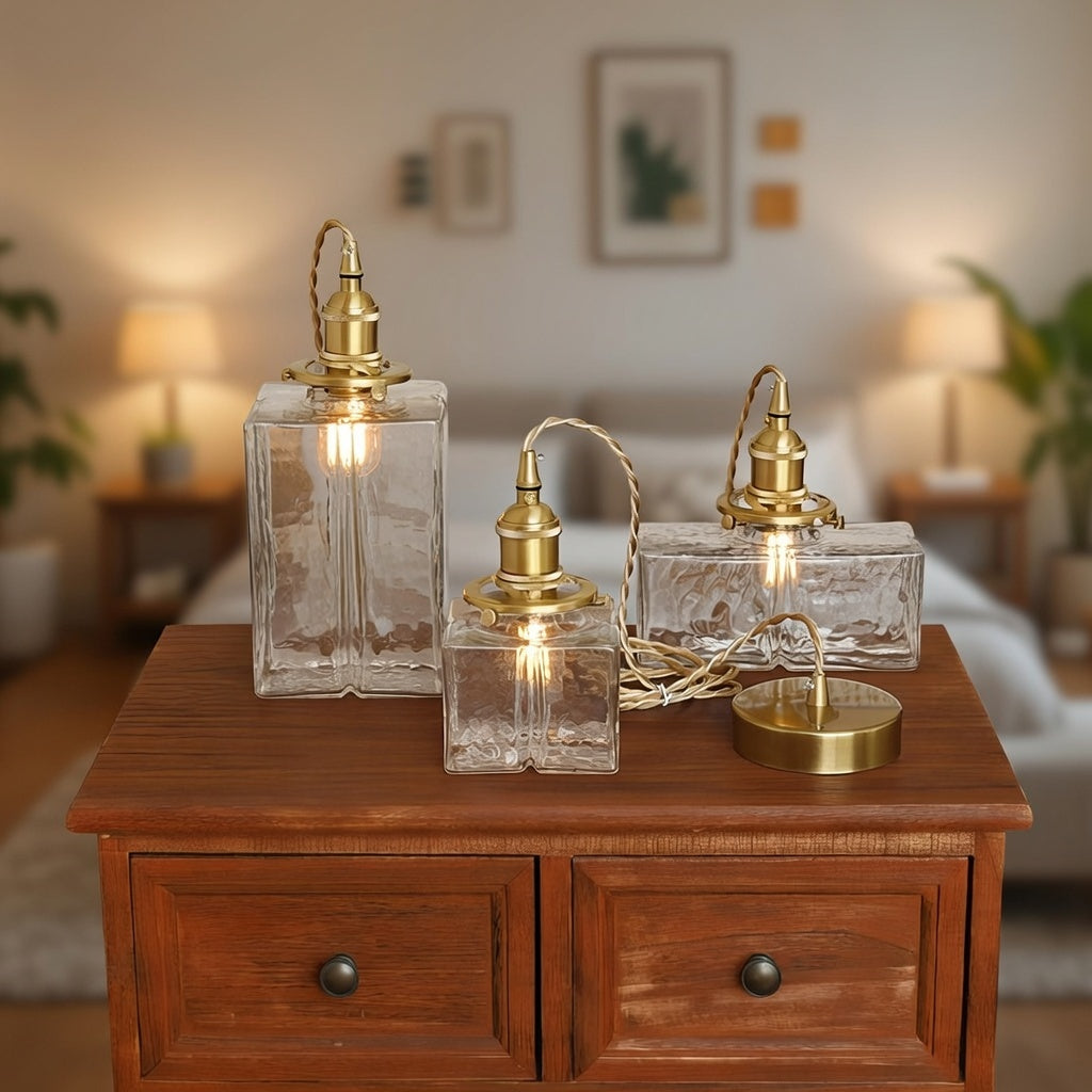 Pendant Light with Hand-Textured Glass and Antique Brass Hardware