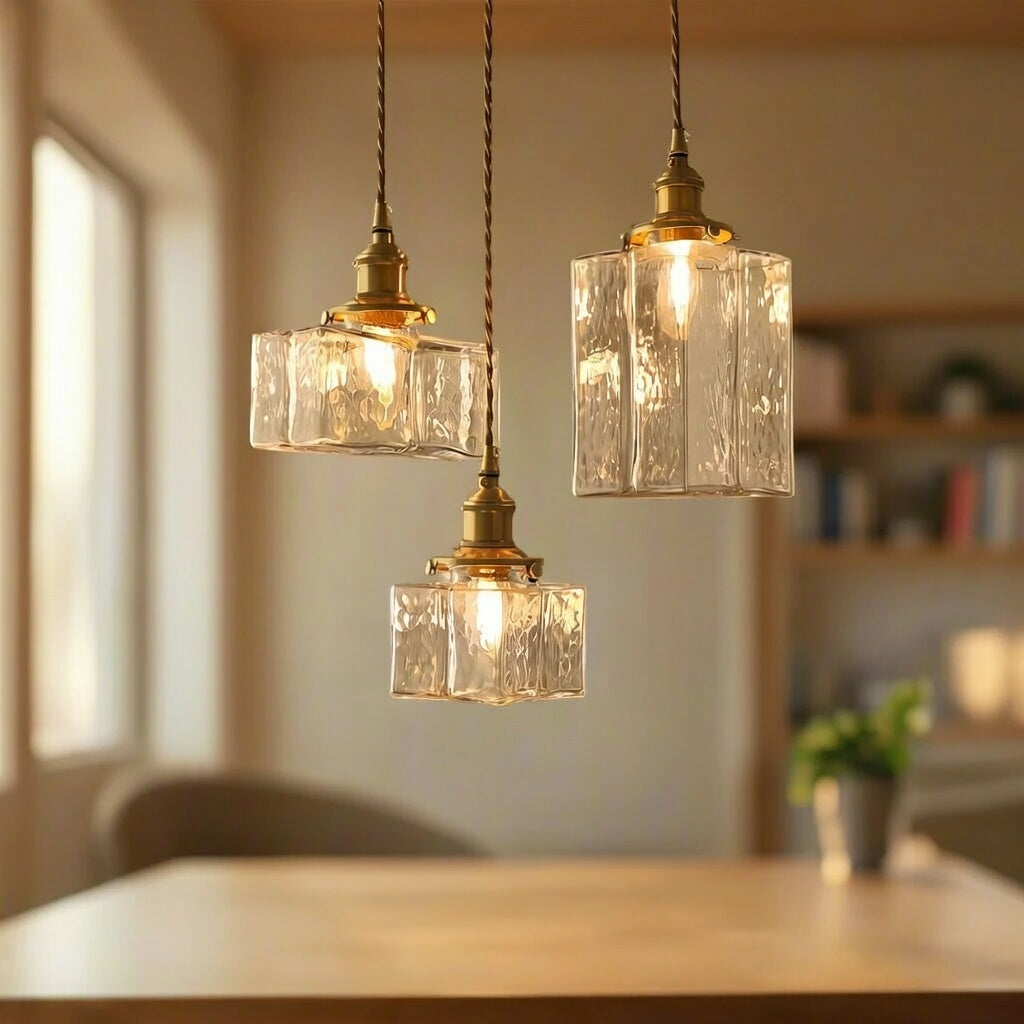 Pendant Light with Hand-Textured Glass and Antique Brass Hardware