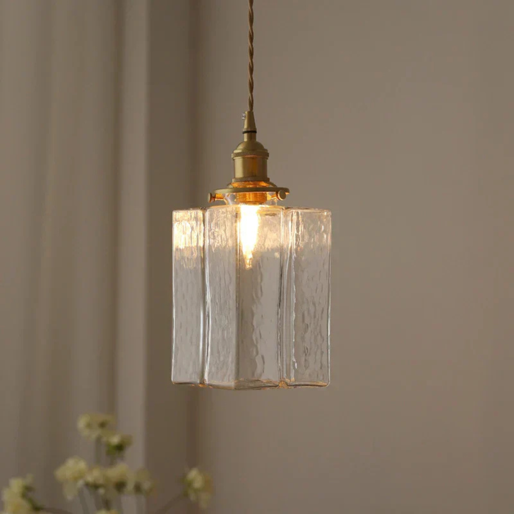 Pendant Light with Hand-Textured Glass and Antique Brass Hardware
