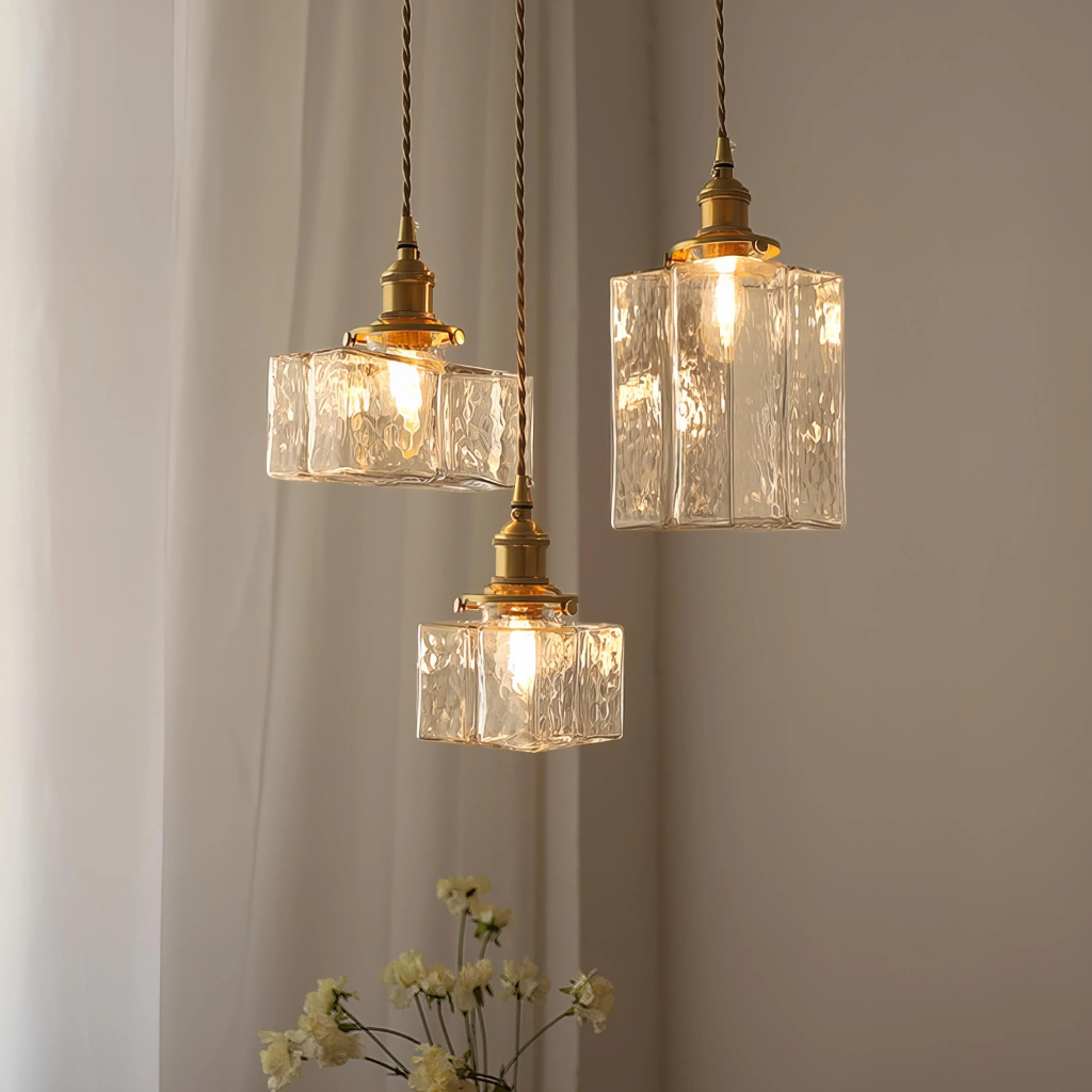 Suspension avec verre texturé à la main et éléments en laiton antique