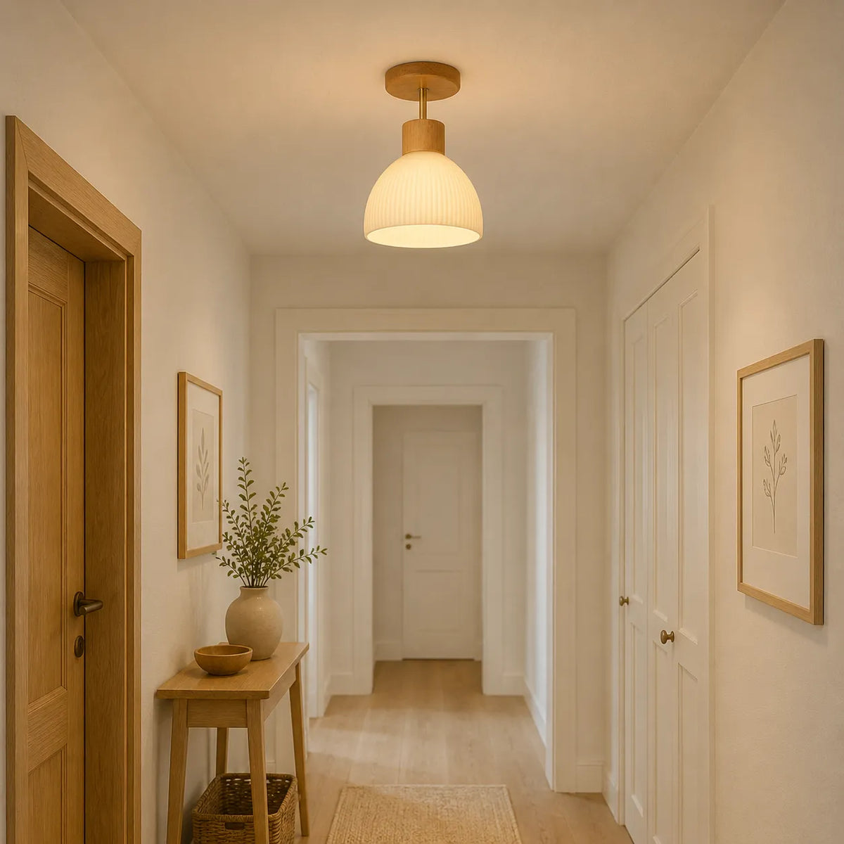 Kitchen Ceiling Light with Scandinavian Wood Accent and Ribbed Bell Shade