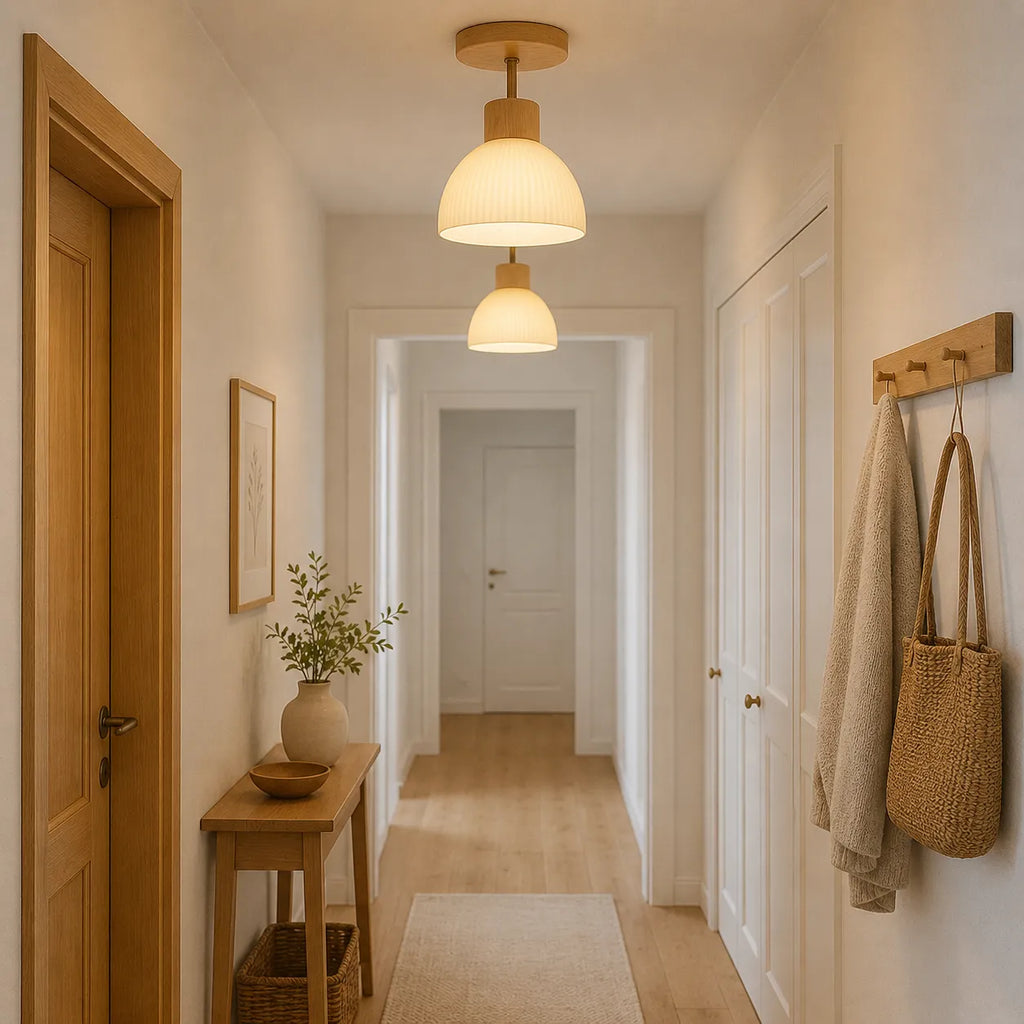 Kitchen Ceiling Light with Scandinavian Wood Accent and Ribbed Bell Shade