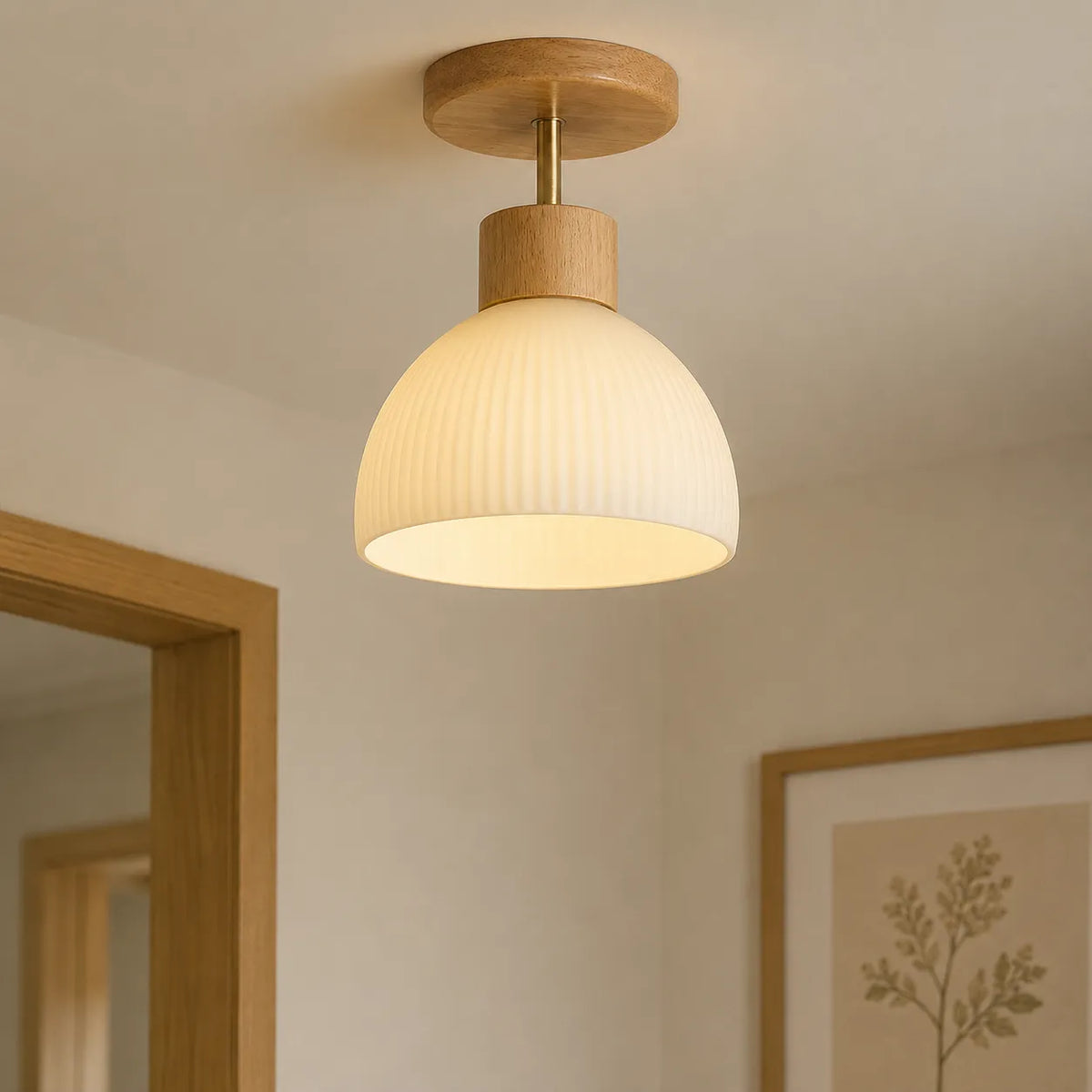 Kitchen Ceiling Light with Scandinavian Wood Accent and Ribbed Bell Shade