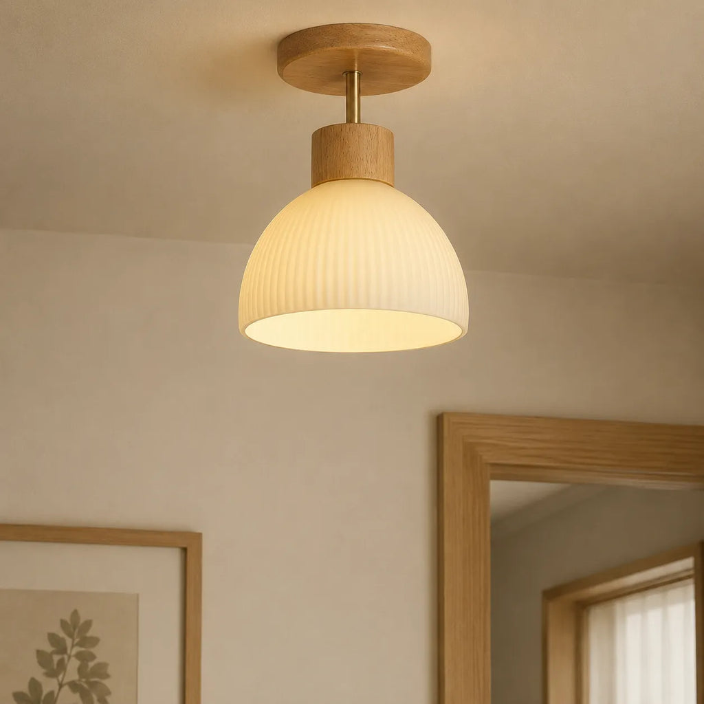Kitchen Ceiling Light with Scandinavian Wood Accent and Ribbed Bell Shade