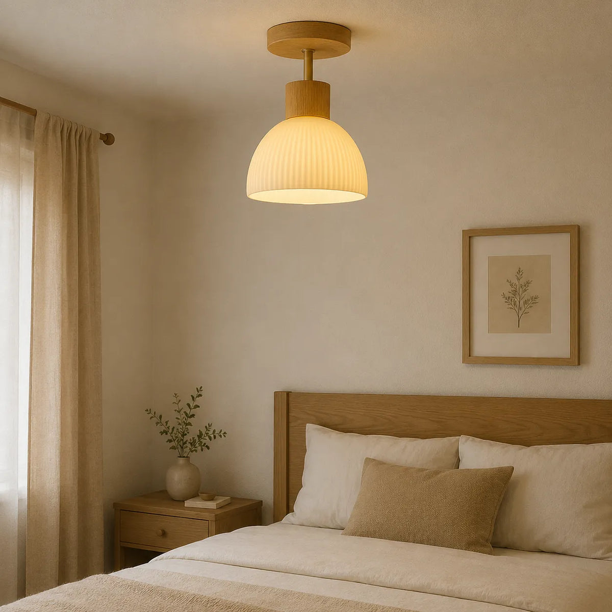 Kitchen Ceiling Light with Scandinavian Wood Accent and Ribbed Bell Shade