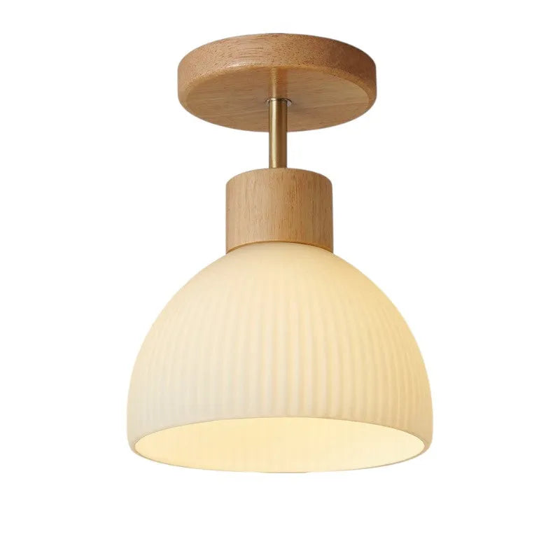 Kitchen Ceiling Light with Scandinavian Wood Accent and Ribbed Bell Shade