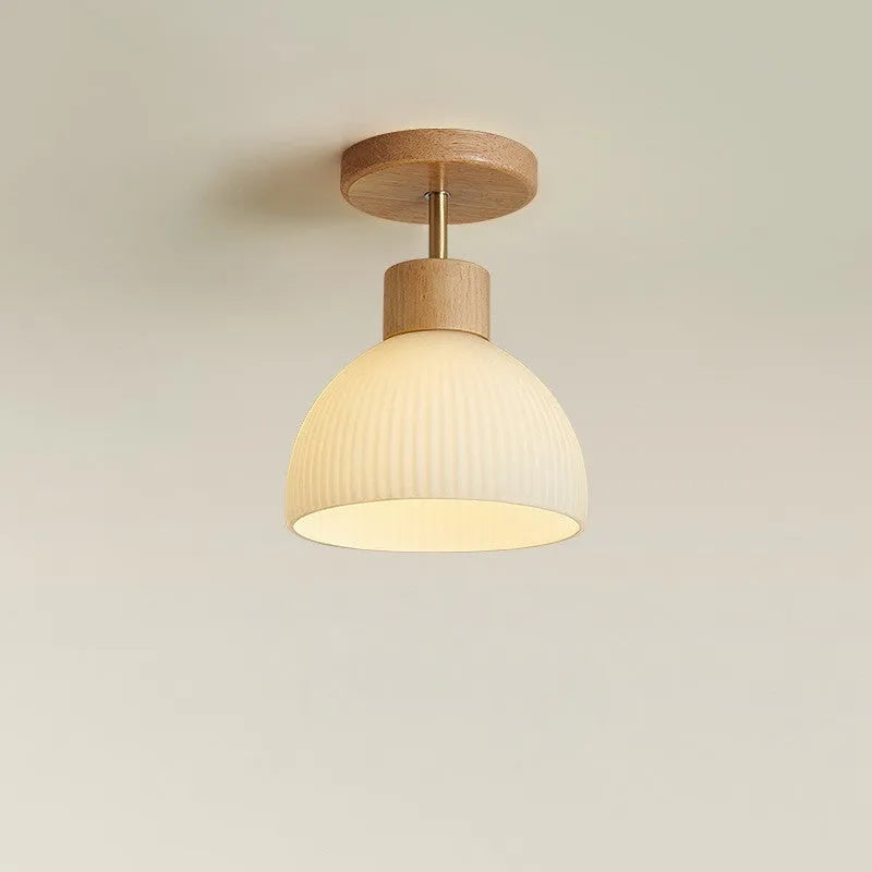 Kitchen Ceiling Light with Scandinavian Wood Accent and Ribbed Bell Shade