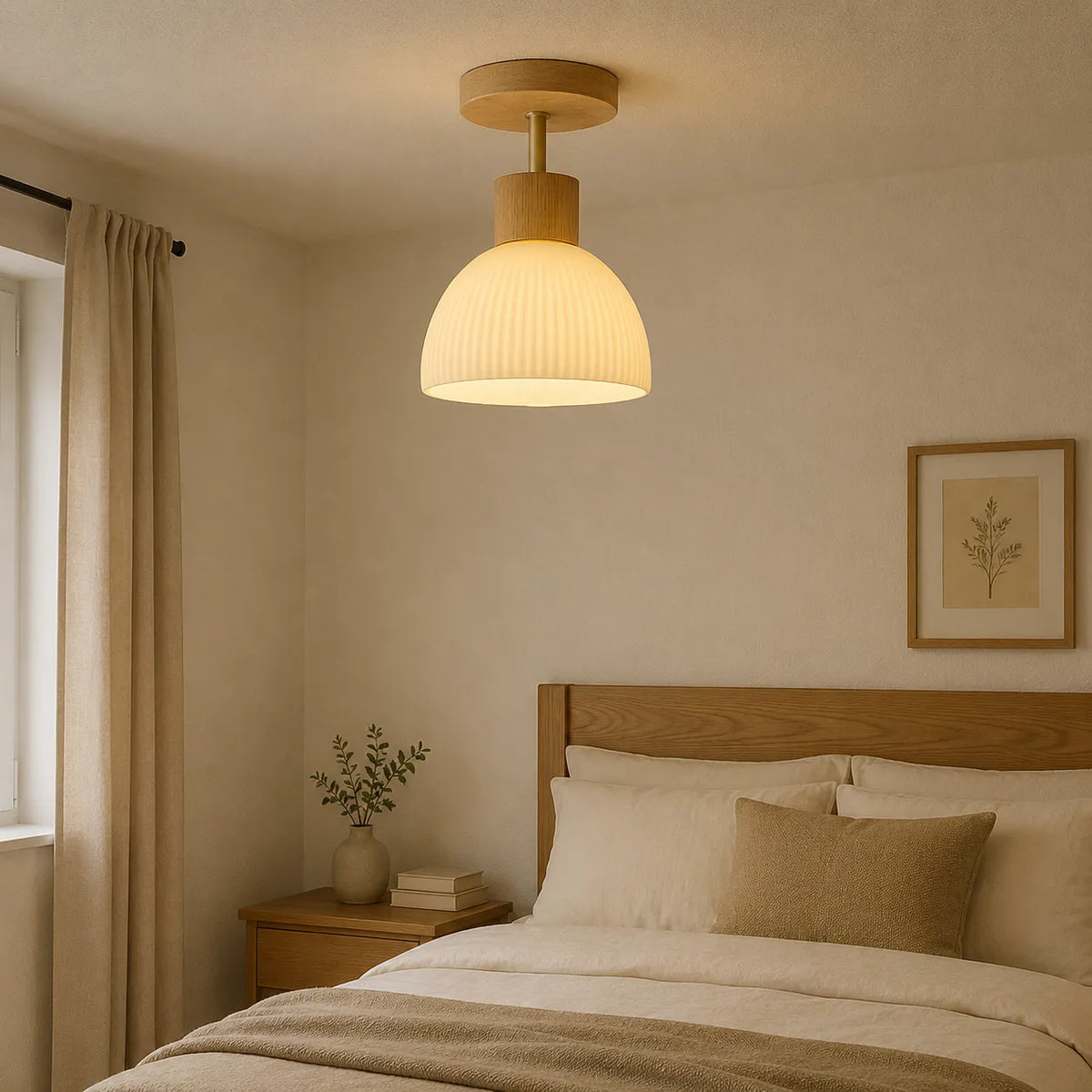 Kitchen Ceiling Light with Scandinavian Wood Accent and Ribbed Bell Shade