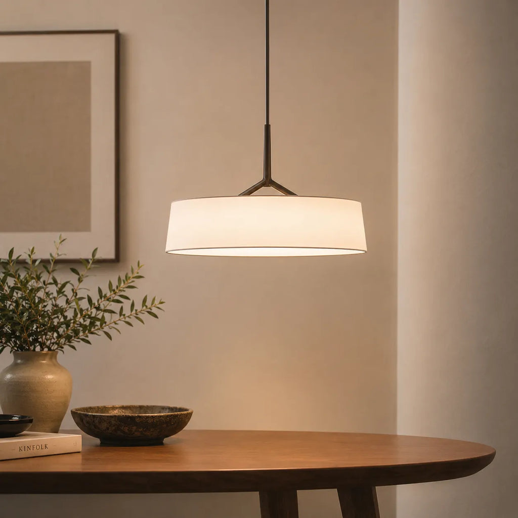 LED Pendant Lights with Scandinavian Drum Fabric Shade and Warm 3000k Integrated