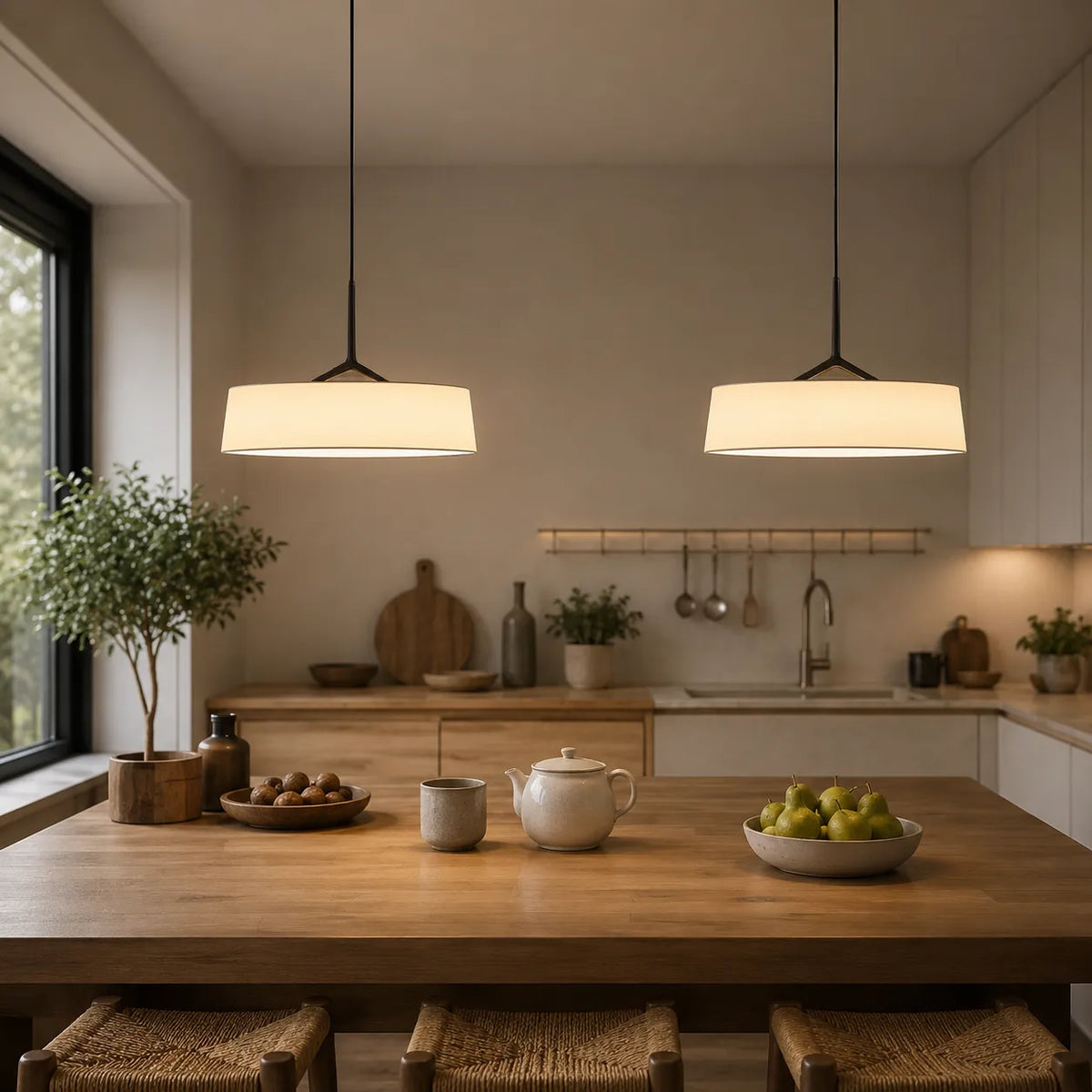 LED Pendant Lights with Scandinavian Drum Fabric Shade and Warm 3000k Integrated