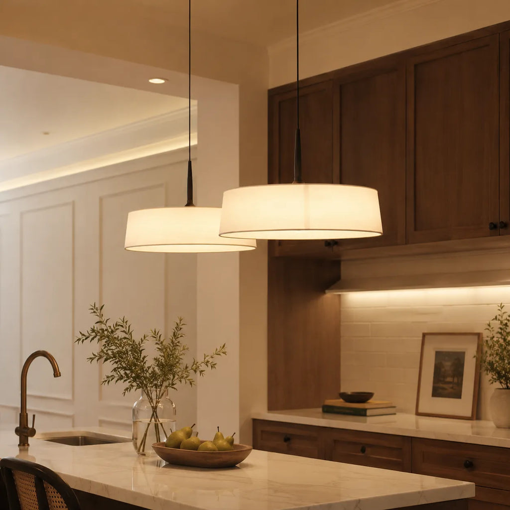 LED Pendant Lights with Scandinavian Drum Fabric Shade and Warm 3000k Integrated