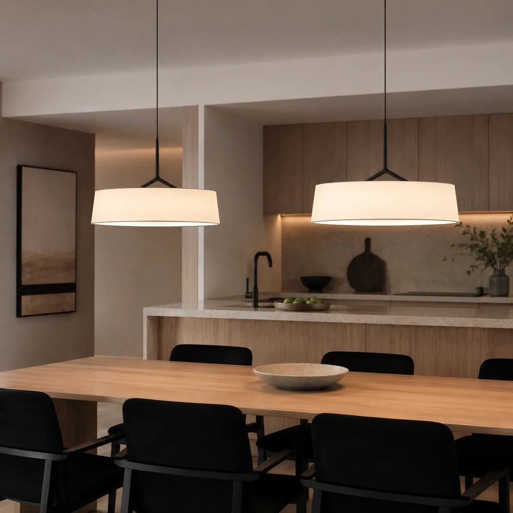 LED Pendant Lights with Scandinavian Drum Fabric Shade and Warm 3000k Integrated