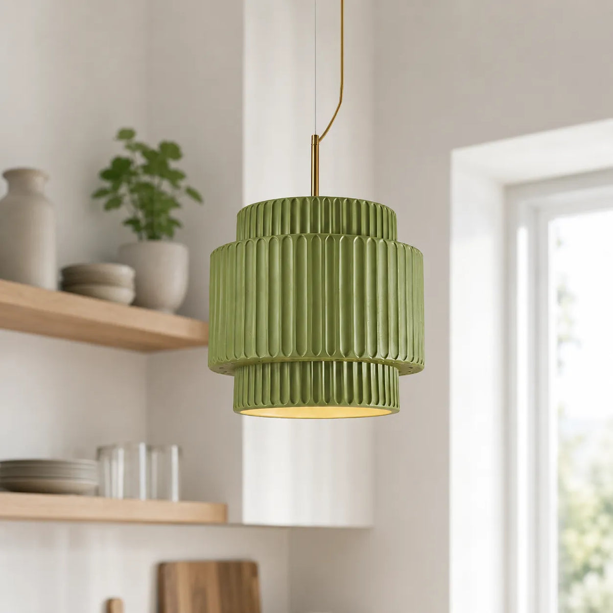 Pendant Light with Tiered Ribbed Resin Shade