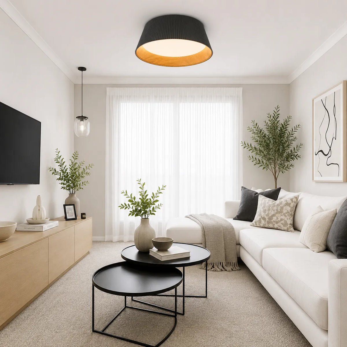 LED Oyster Light with Wood Accent Flush Mount Ceiling Light for Bedroom and Living Room