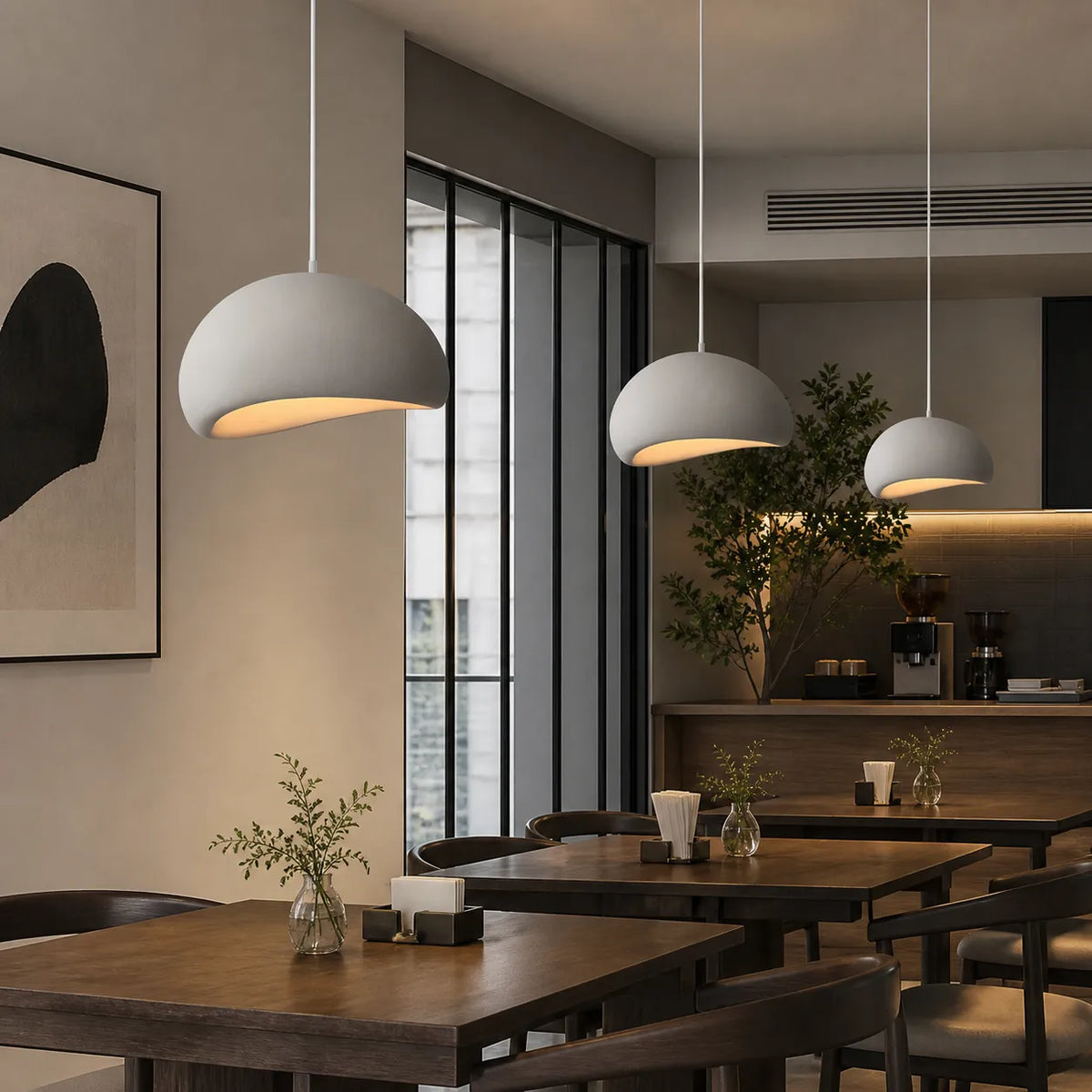 Pendant Light with Asymmetrical Dome and Smooth Fibreglass Surface
