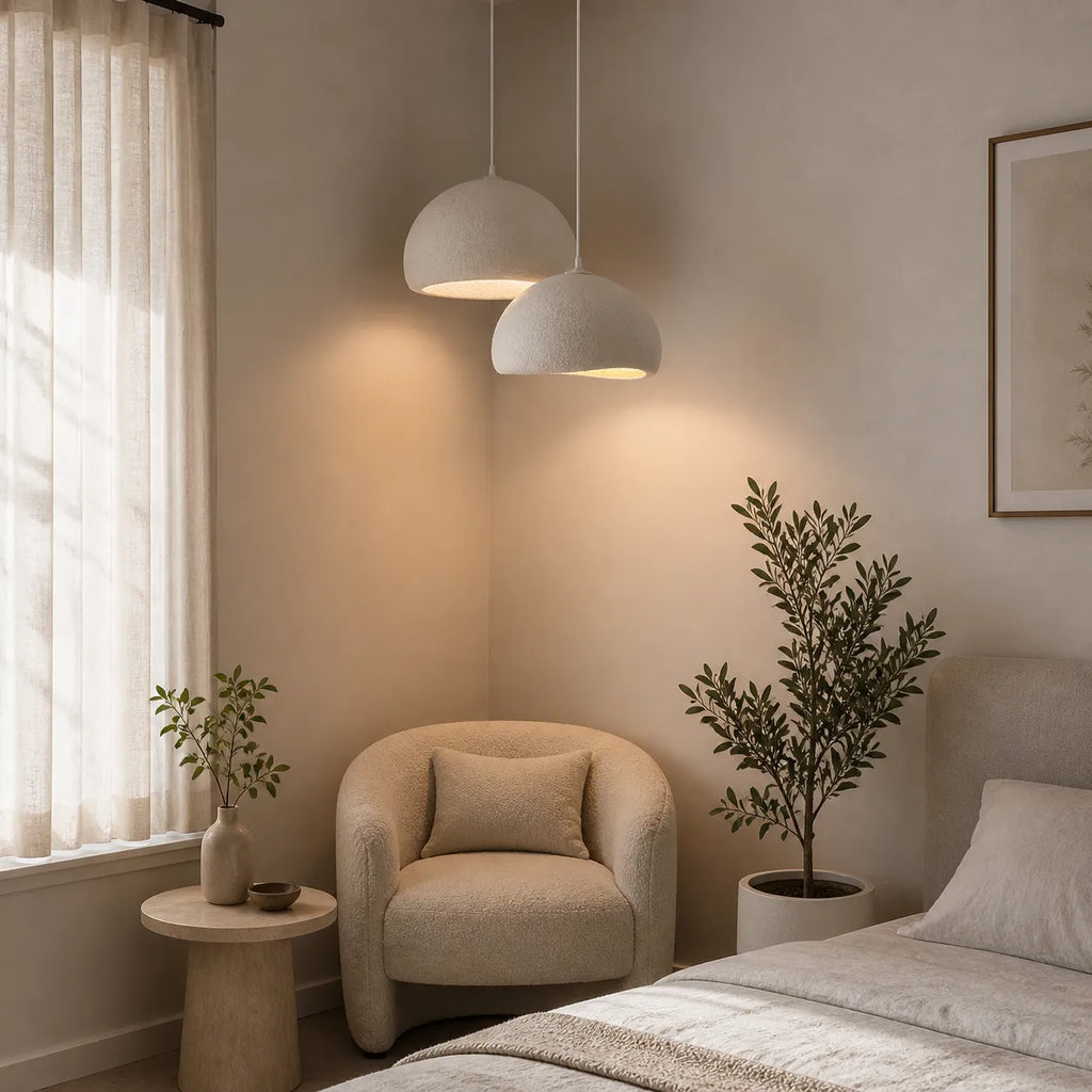 Pendant Light with Asymmetrical Dome and Smooth Fibreglass Surface