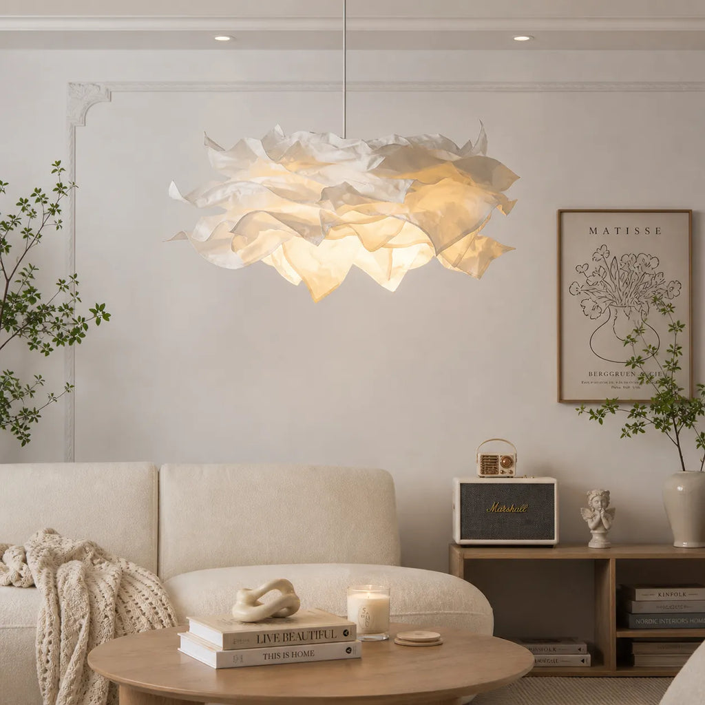 Lampada a sospensione con paralume in carta ispirato alle nuvole e luce LED ambientale calda