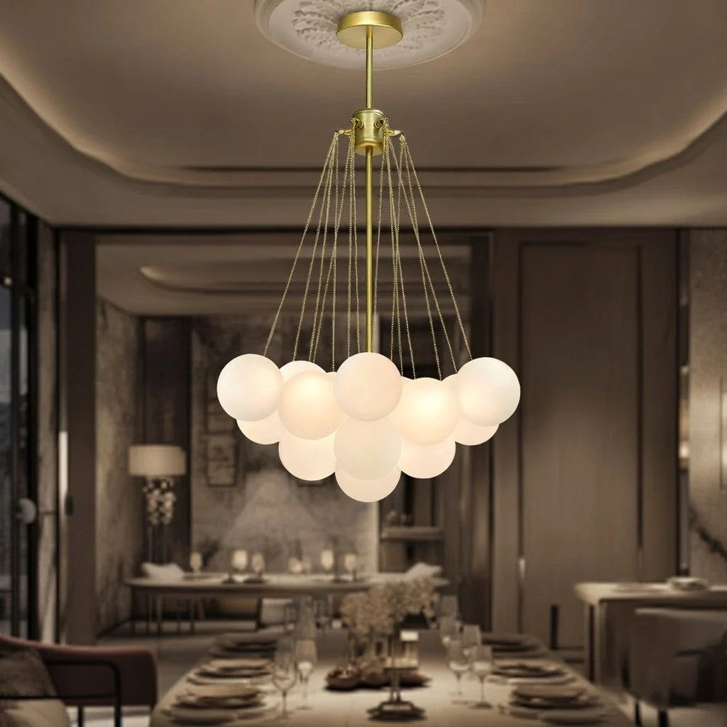 Glass Bubble Chandelier with Frosted and Contemporary Metal Hardware for Dining Room