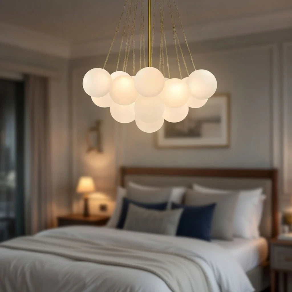 Glass Bubble Chandelier with Frosted and Contemporary Metal Hardware for Dining Room