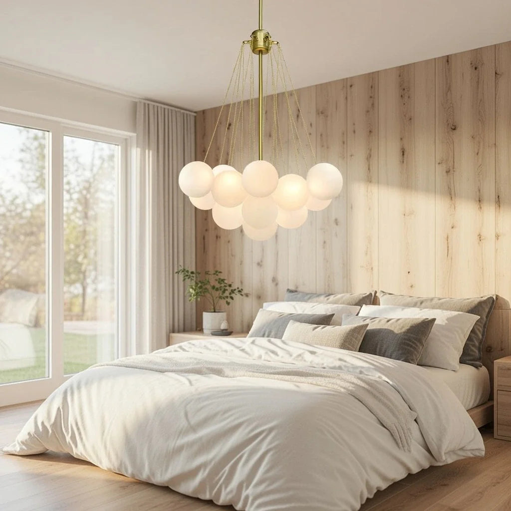 Glass Bubble Chandelier with Frosted and Contemporary Metal Hardware for Dining Room