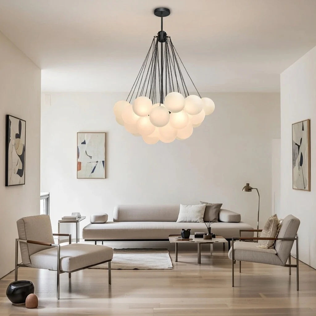 Glass Bubble Chandelier with Frosted and Contemporary Metal Hardware for Dining Room