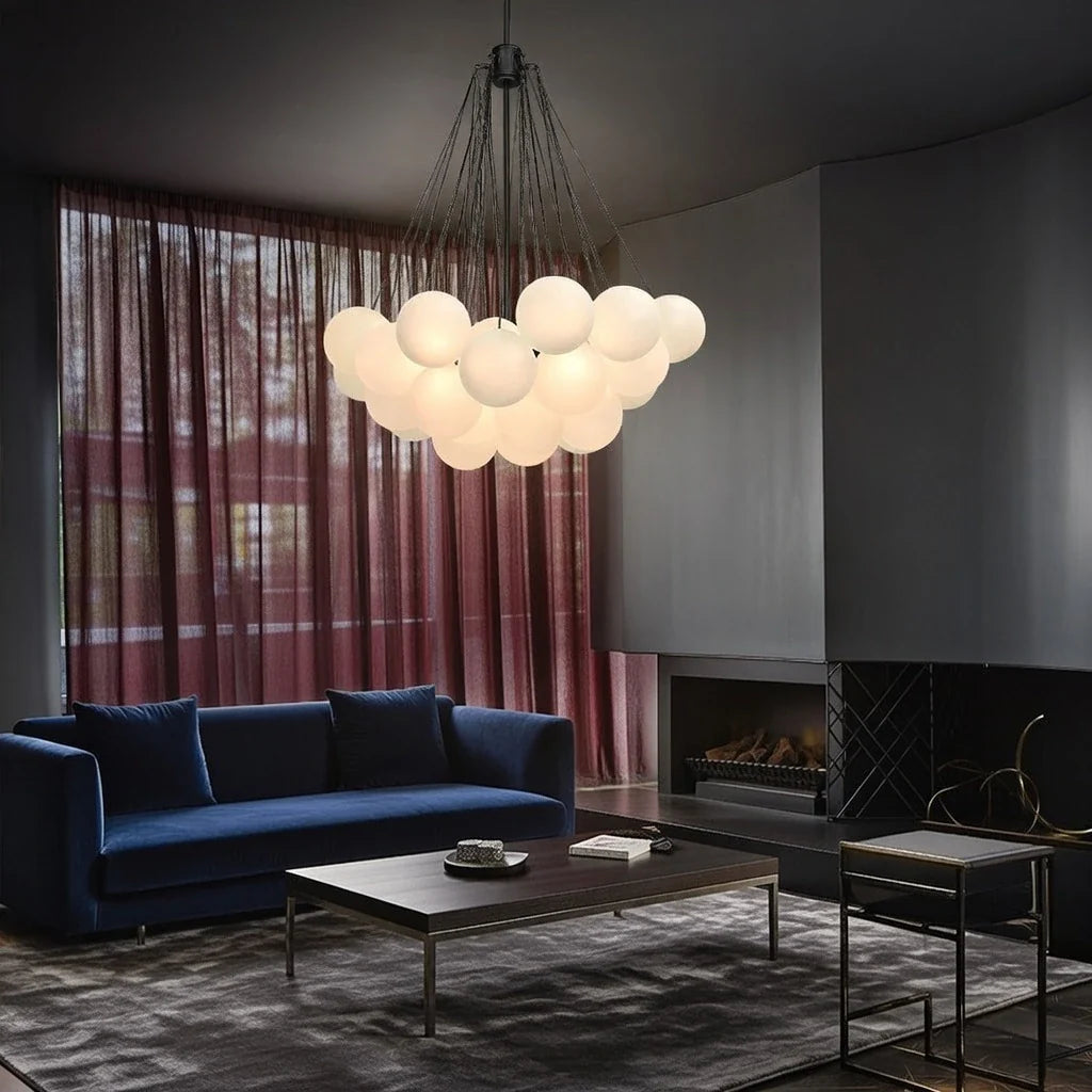 Glass Bubble Chandelier with Frosted and Contemporary Metal Hardware for Dining Room