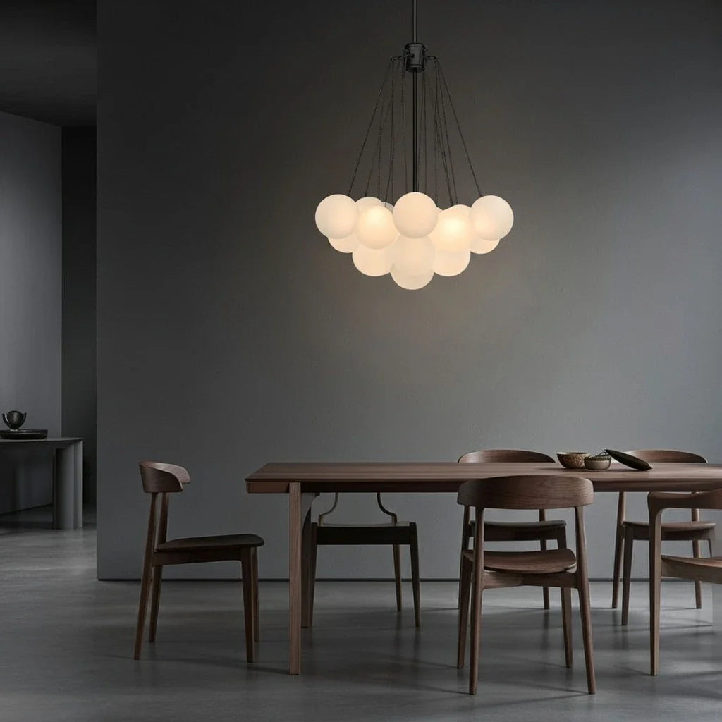 Glass Bubble Chandelier with Frosted and Contemporary Metal Hardware for Dining Room