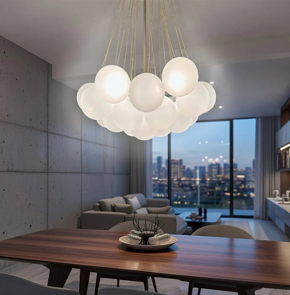 Glass Bubble Chandelier with Frosted and Contemporary Metal Hardware for Dining Room