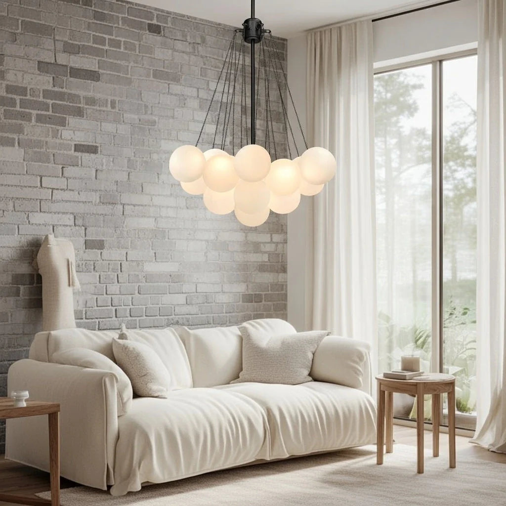 Glass Bubble Chandelier with Frosted and Contemporary Metal Hardware for Dining Room