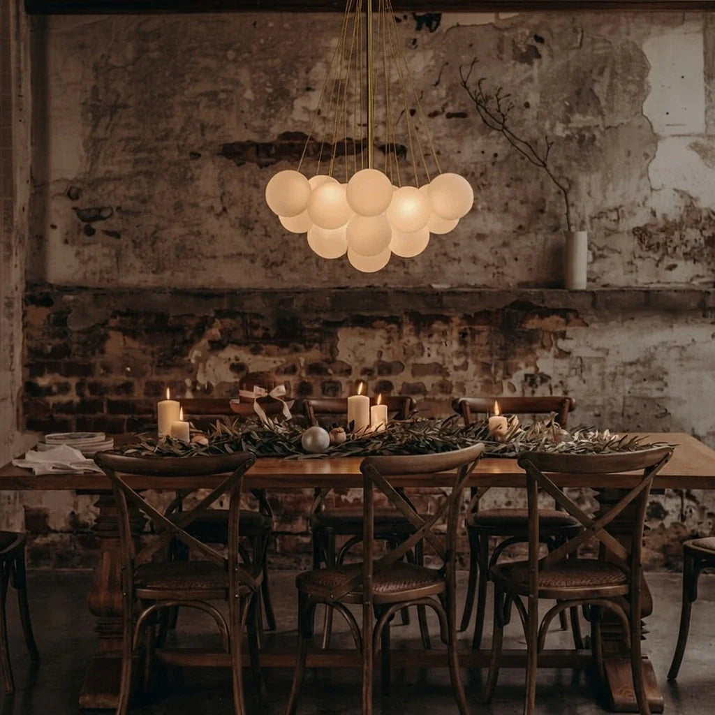 Glass Bubble Chandelier with Frosted and Contemporary Metal Hardware for Dining Room