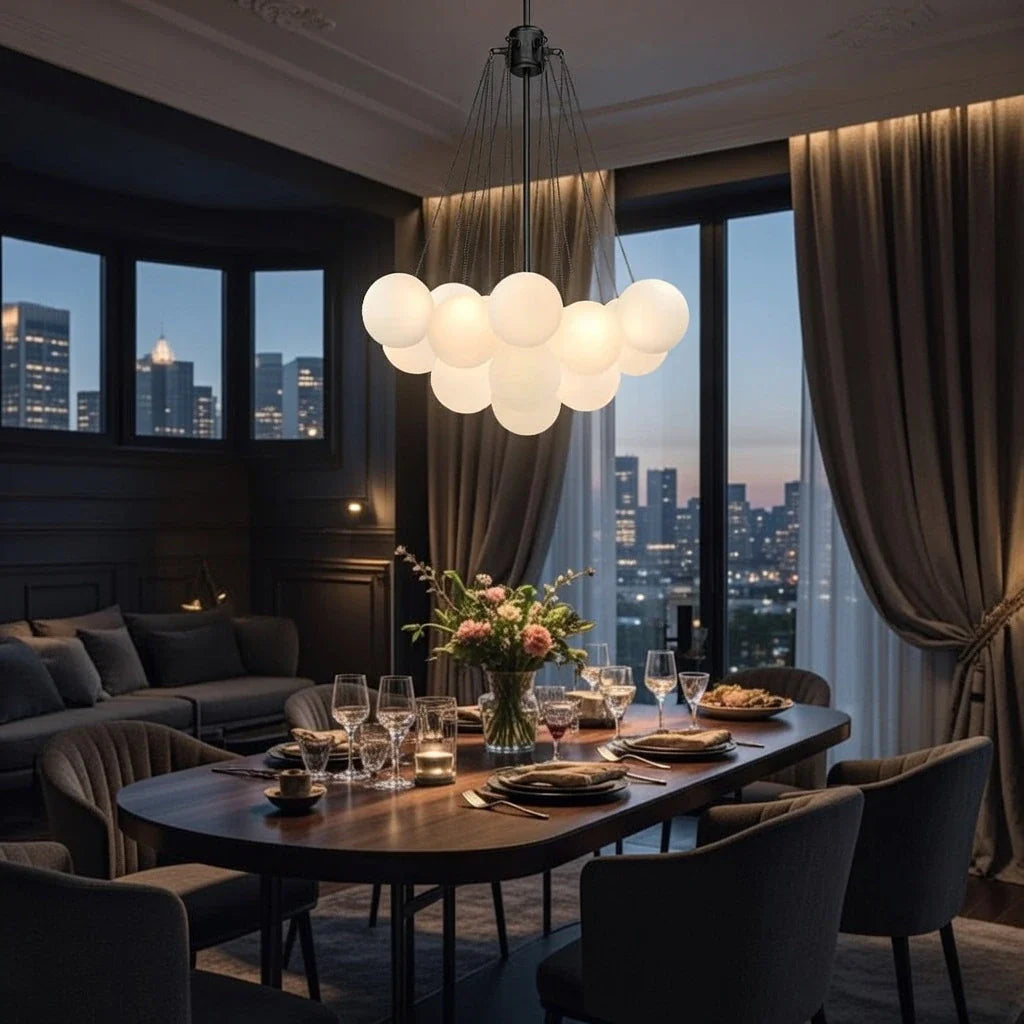 Glass Bubble Chandelier with Frosted and Contemporary Metal Hardware for Dining Room