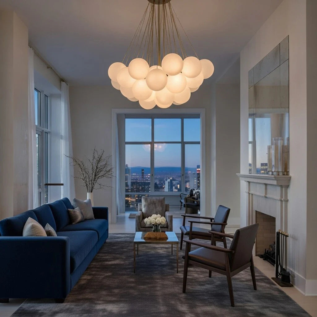 Glass Bubble Chandelier with Frosted and Contemporary Metal Hardware for Dining Room