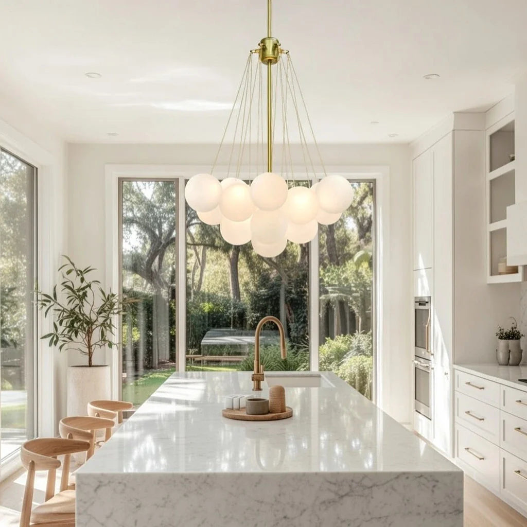Glass Bubble Chandelier with Frosted and Contemporary Metal Hardware for Dining Room