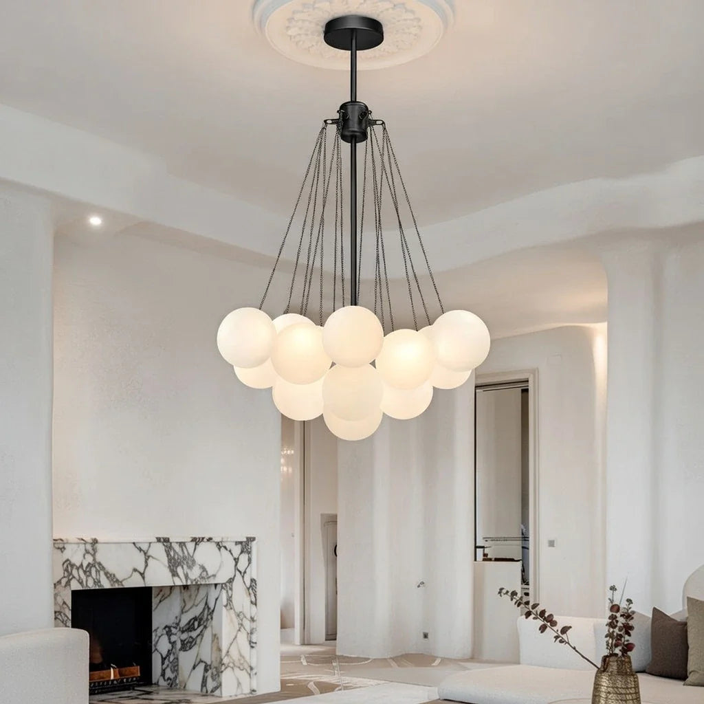 Glass Bubble Chandelier with Frosted and Contemporary Metal Hardware for Dining Room