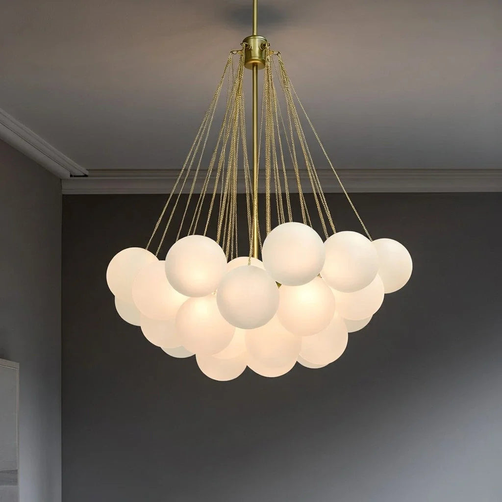 Glass Bubble Chandelier with Frosted and Contemporary Metal Hardware for Dining Room
