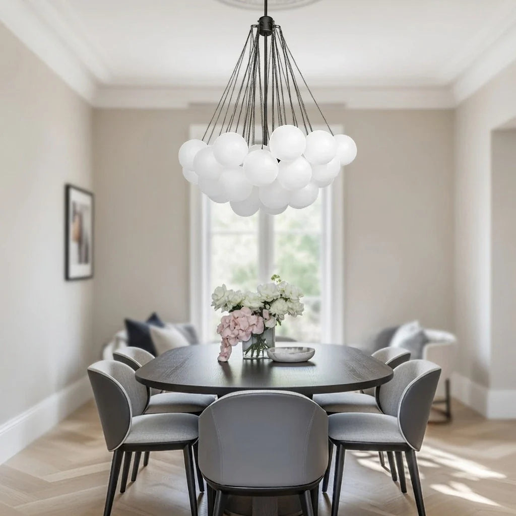 Glass Bubble Chandelier with Frosted and Contemporary Metal Hardware for Dining Room