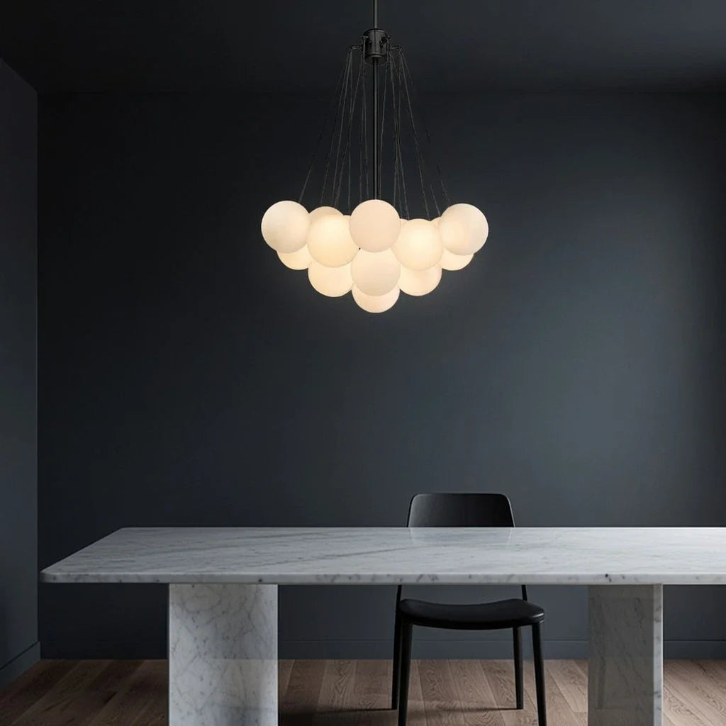 Glass Bubble Chandelier with Frosted and Contemporary Metal Hardware for Dining Room