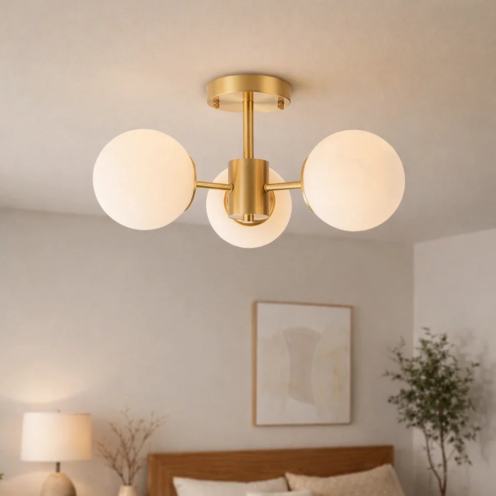 Kitchen Ceiling Lights Semi Flush Mount 3-Light Brass Glass Globe Mid-Century