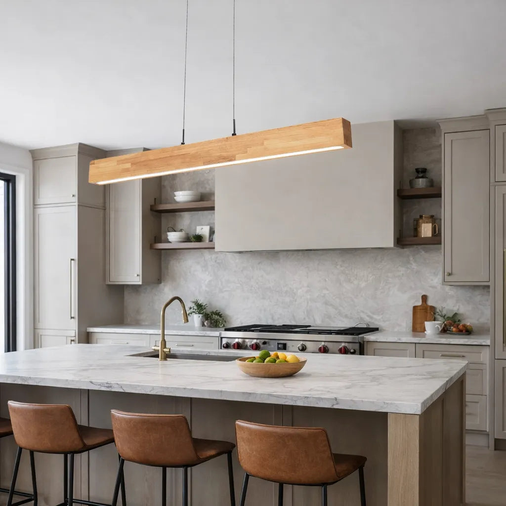Suspension linéaire avec LED à intensité variable et touche de bois naturel, pour une salle à manger moderne