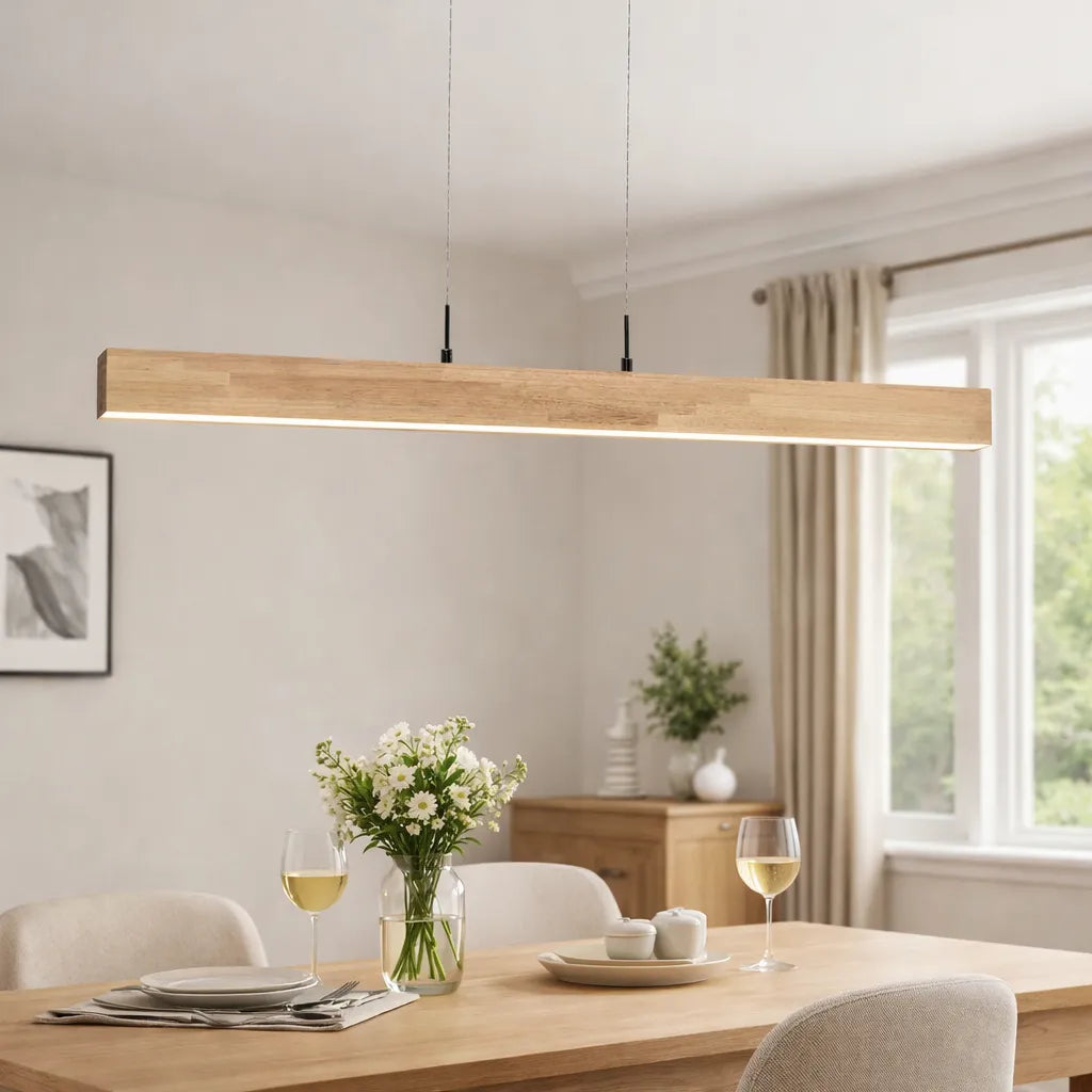 Suspension linéaire avec LED à intensité variable et touche de bois naturel, pour une salle à manger moderne