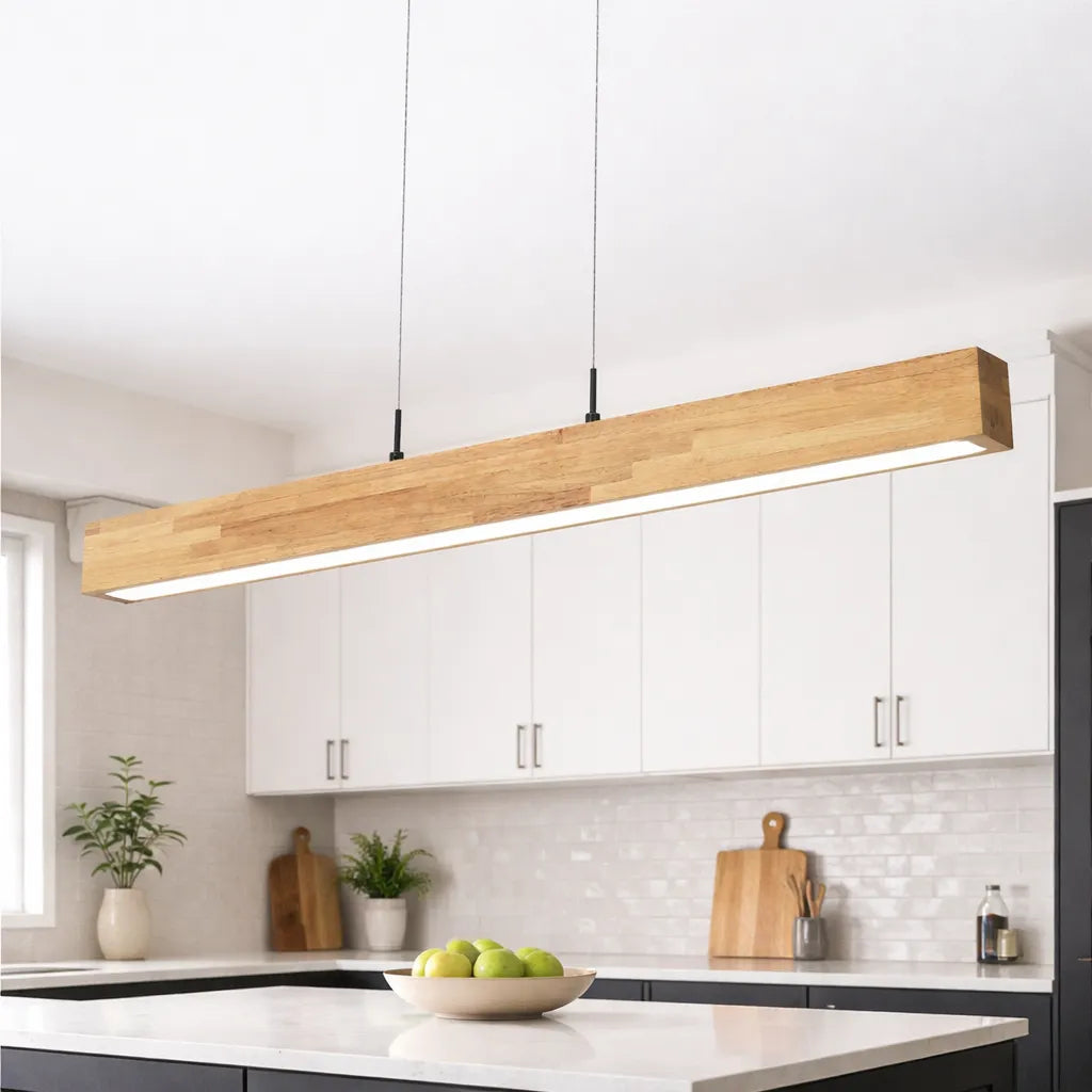 Suspension linéaire avec LED à intensité variable et touche de bois naturel, pour une salle à manger moderne