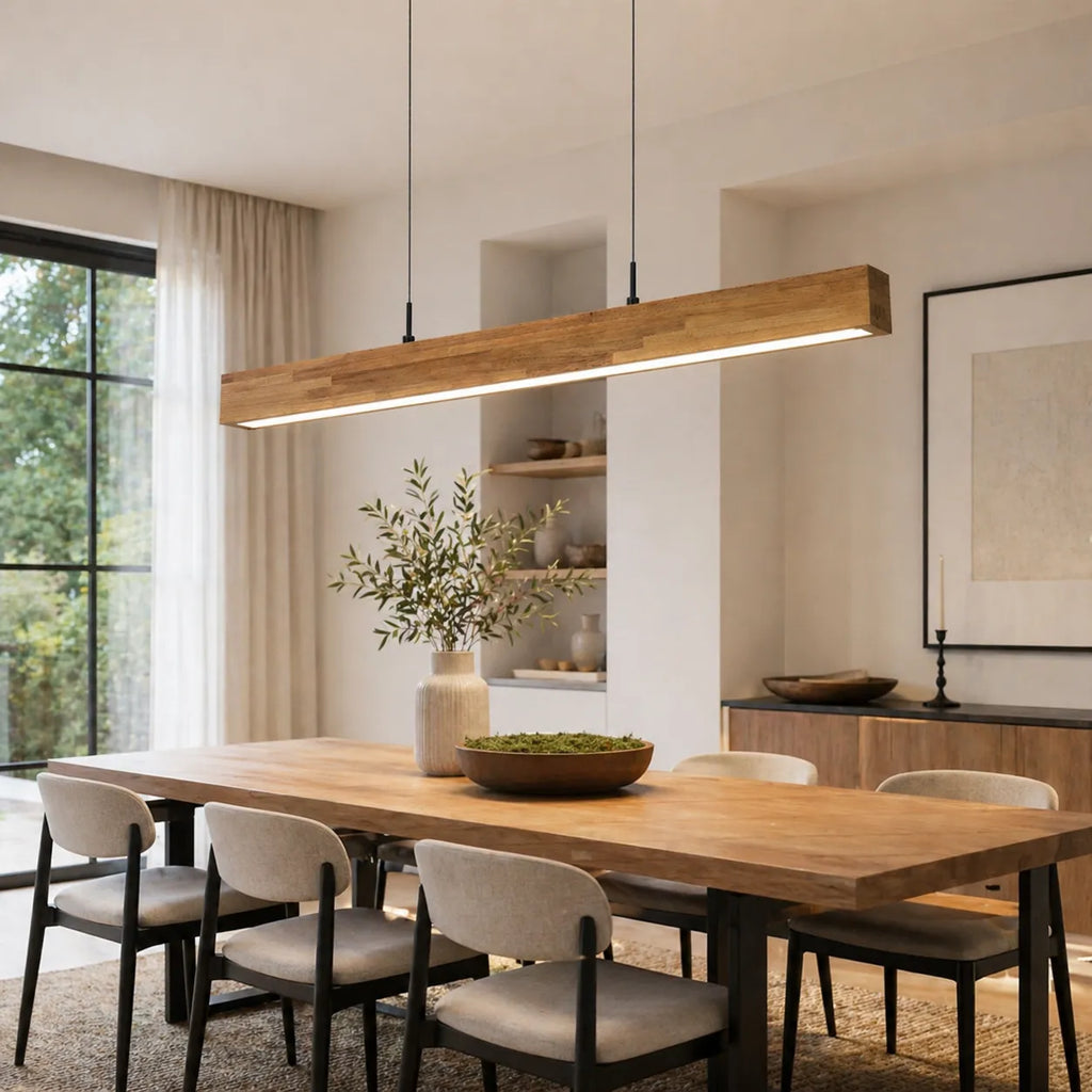 Suspension linéaire avec LED à intensité variable et touche de bois naturel, pour une salle à manger moderne