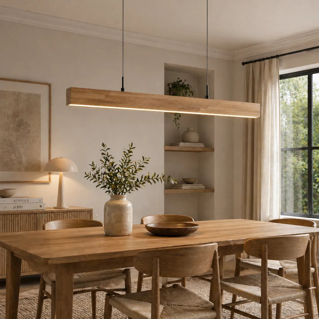 Suspension linéaire avec LED à intensité variable et touche de bois naturel, pour une salle à manger moderne