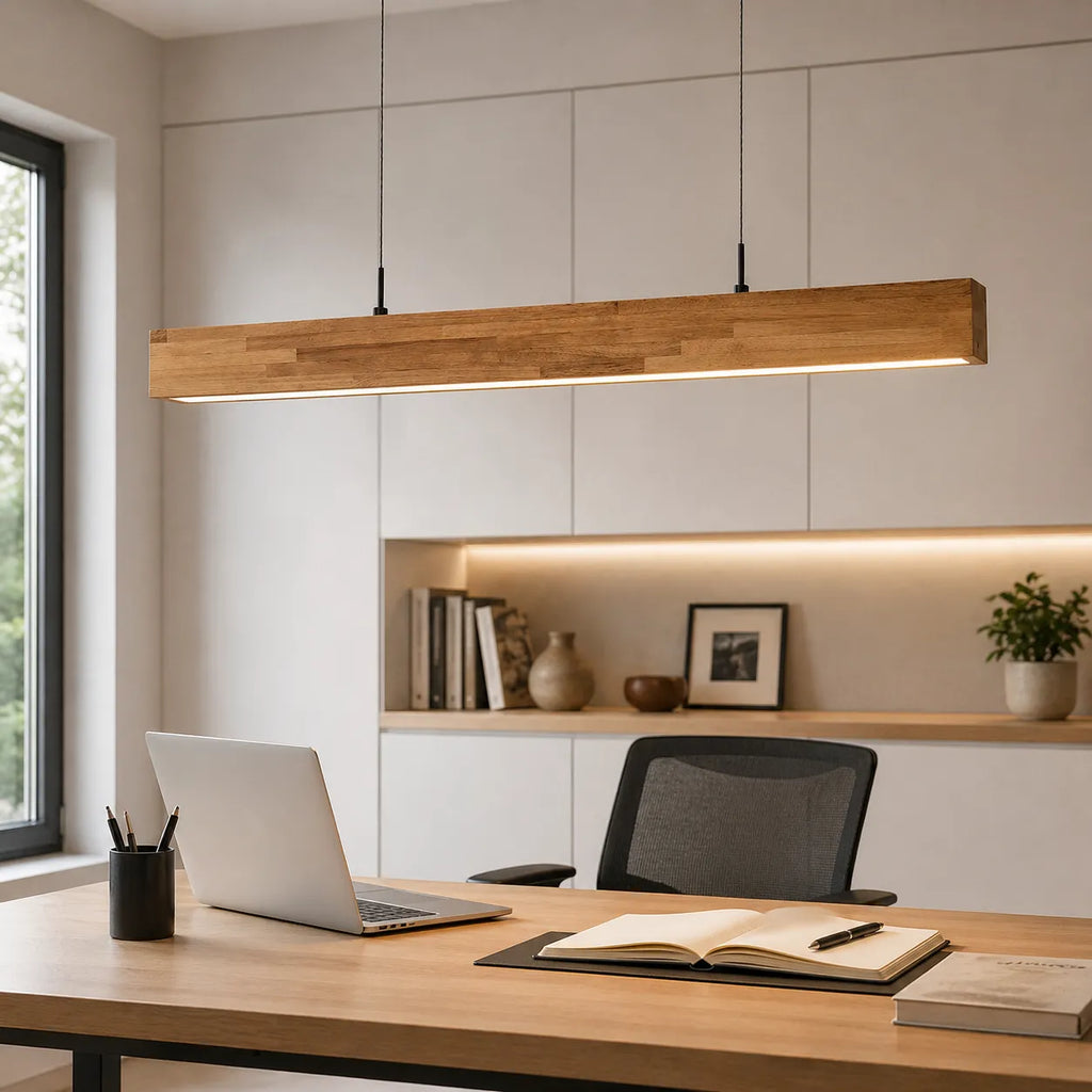 Suspension linéaire avec LED à intensité variable et touche de bois naturel, pour une salle à manger moderne