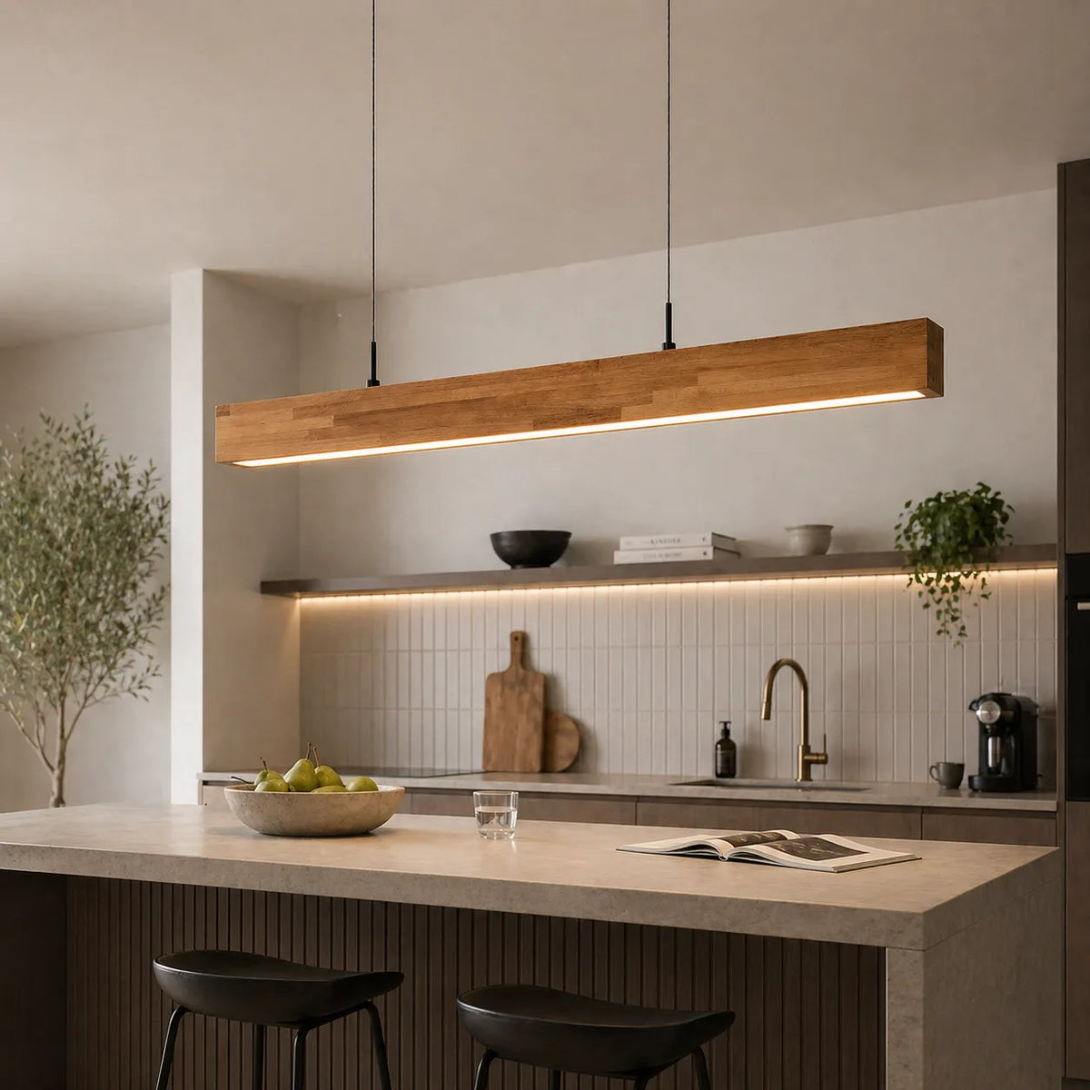 Suspension linéaire avec LED à intensité variable et touche de bois naturel, pour une salle à manger moderne