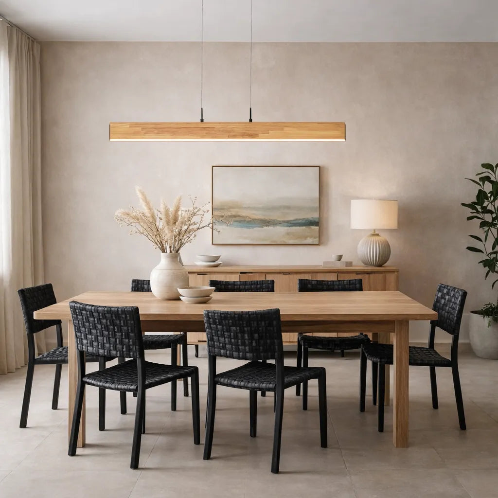 Suspension linéaire avec LED à intensité variable et touche de bois naturel, pour une salle à manger moderne