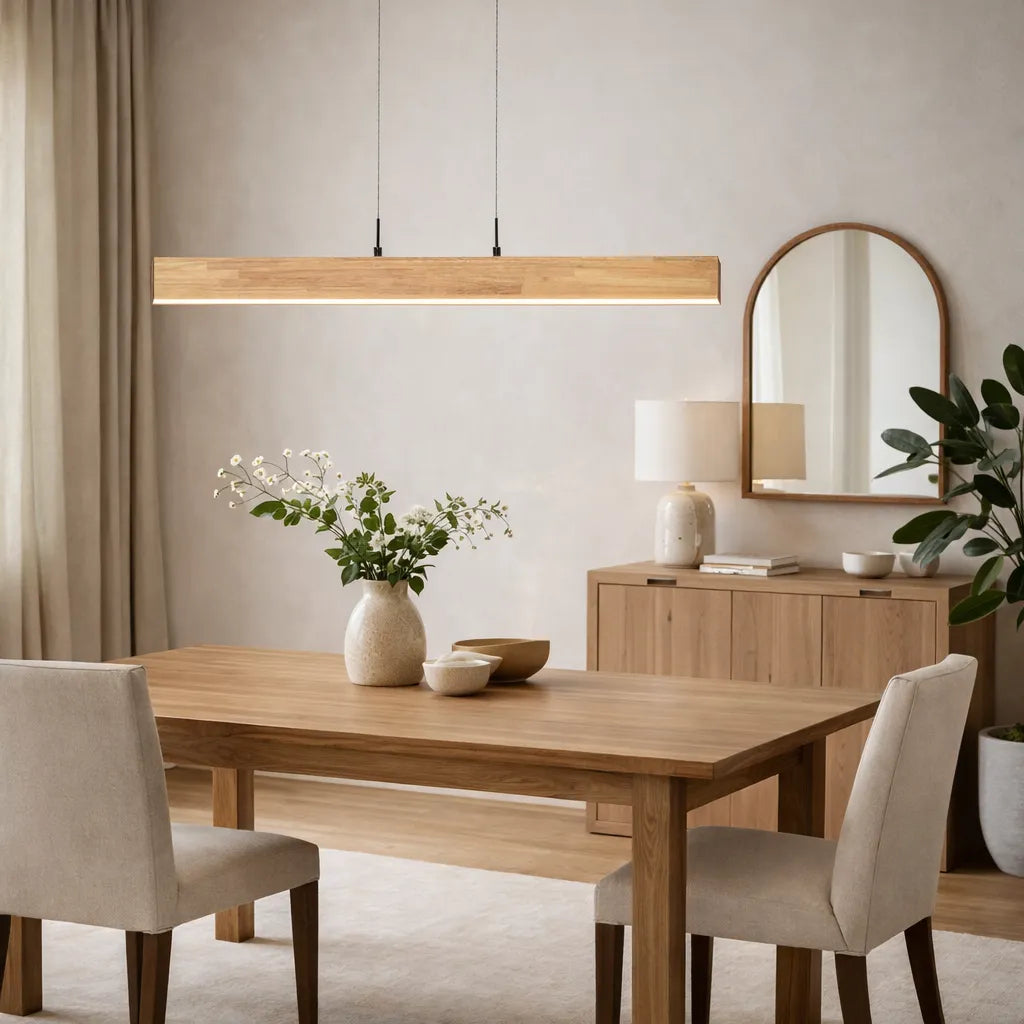 Suspension linéaire avec LED à intensité variable et touche de bois naturel, pour une salle à manger moderne