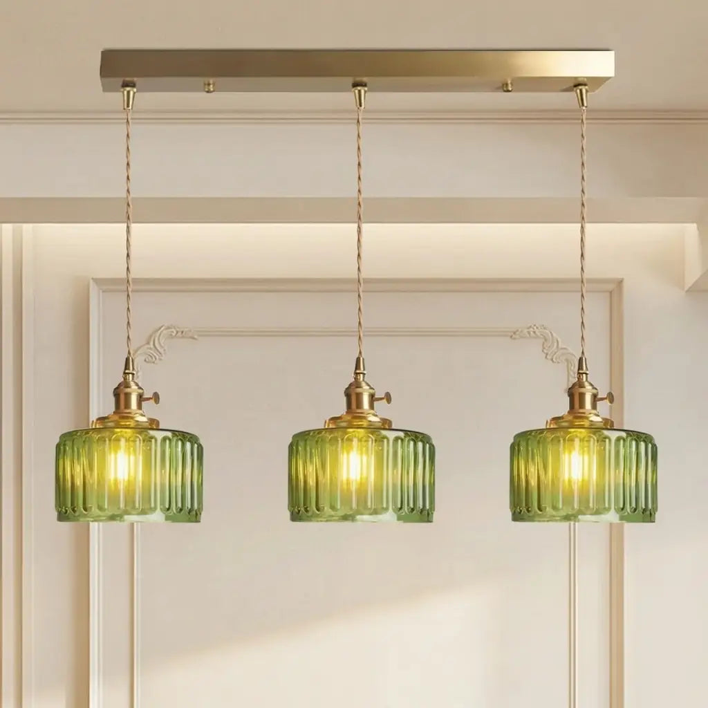 Pendant Light with Ribbed Pressed Glass and Brass Hardware