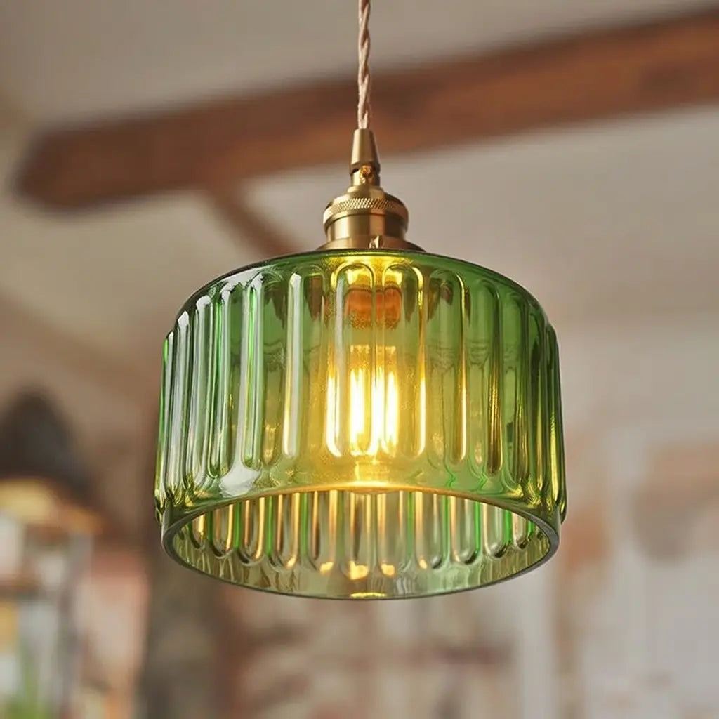 Pendant Light with Ribbed Pressed Glass and Brass Hardware