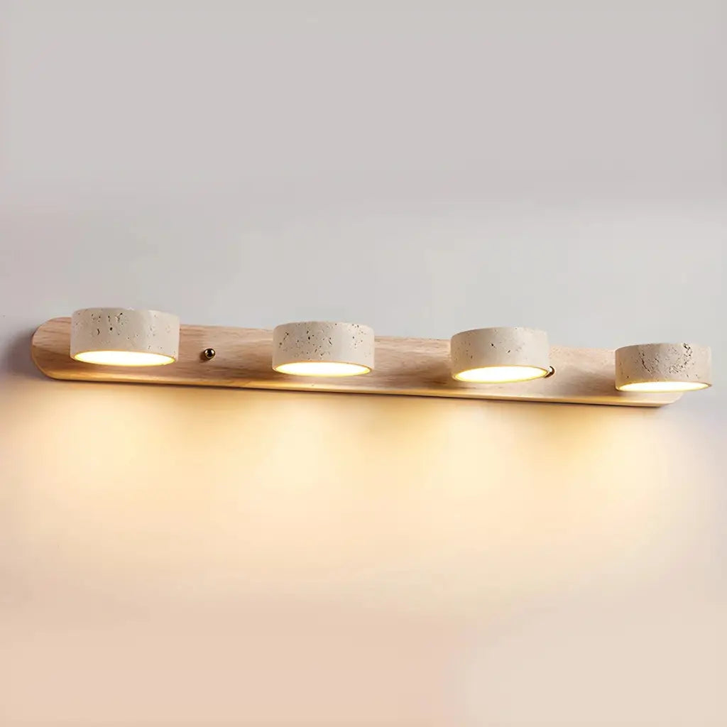 Appliques LED de salle de bains pour miroir avec spots orientables en travertin et plaque arrière en bois naturel